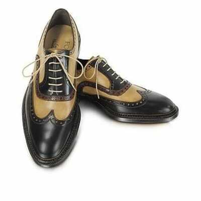 Handmade black & beige leather wing tip shoes,men's dress shoes