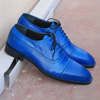 Men's Handmade Blue Color Leather formal shoes, Men's Cap Toe Brogue Lace Up Shoes - Thumbnail 1