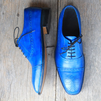 Men's Handmade Blue Color Leather formal shoes, Men's Cap Toe Brogue Lace Up Shoes - Thumbnail 2