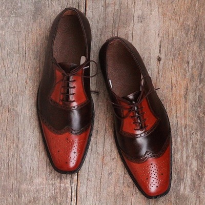 Men's tan brown leather oxford handmade lace up wing tip brogue shoes