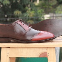 Men's Tan Brown Leather Oxford Handmade Lace Up Wing tip Brogue Shoes - Thumbnail 1