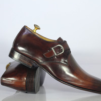 Handmade Brown Dress Shoes Monk Straps Shoes Leather Dress Formal Shoes - Thumbnail 1