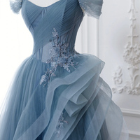 Blue Tulle Lace Floor Length Prom Dress, Off the Shoulder Evening Party Dress - Thumbnail 1