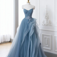 Blue Tulle Lace Floor Length Prom Dress, Off the Shoulder Evening Party Dress - Thumbnail 2