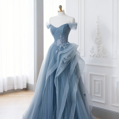 Blue tulle lace floor length prom dress, off the shoulder evening party dress - Thumbnail 2
