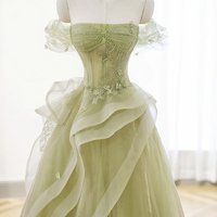 Green Tulle Lace Floor Length Prom Dress, Off the Shoulder Evening Party Dress - Thumbnail 1