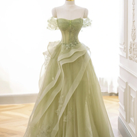 Green Tulle Lace Floor Length Prom Dress, Off the Shoulder Evening Party Dress - Thumbnail 2