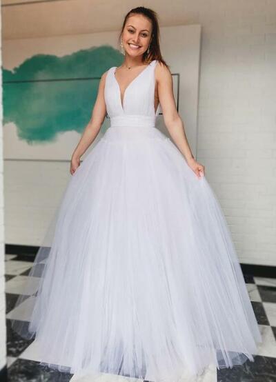 A Line White V Neck Tulle Prom Wedding Dress