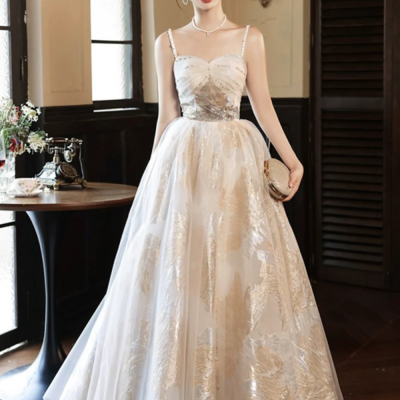 Champagne spaghetti strap tulle formal dress, a line sweetheart neck evening party dress kpp1659
