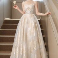 Champagne Spaghetti Strap Tulle Formal Dress, A Line Sweetheart Neck Evening Party Dress KPP1659 - Thumbnail 2