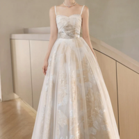 Champagne Spaghetti Strap Tulle Formal Dress, A Line Sweetheart Neck Evening Party Dress KPP1659 - Thumbnail 3