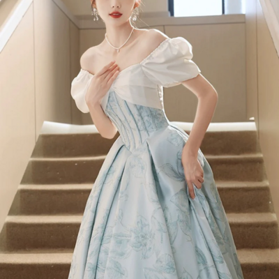 White and blue printed floor length prom dress, lovely short sleeve formal evening dress kpp1660