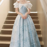 White and Blue Printed Floor Length Prom Dress, Lovely Short Sleeve Formal Evening Dress KPP1660 - Thumbnail 1