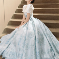 White and Blue Printed Floor Length Prom Dress, Lovely Short Sleeve Formal Evening Dress KPP1660 - Thumbnail 3