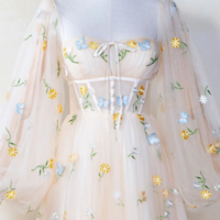 Light Champagne Floral Tulle Long Party Dress, A Line Long Sleeves Prom Dress KPP1661 - Thumbnail 1