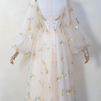 Light Champagne Floral Tulle Long Party Dress, A Line Long Sleeves Prom Dress KPP1661 - Thumbnail 2