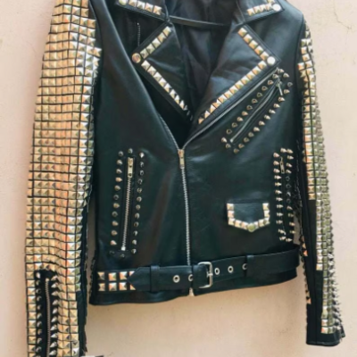 Crafted leather new men's black full silver star golden studded brando belted cow biker leather jacket - Thumbnail 5