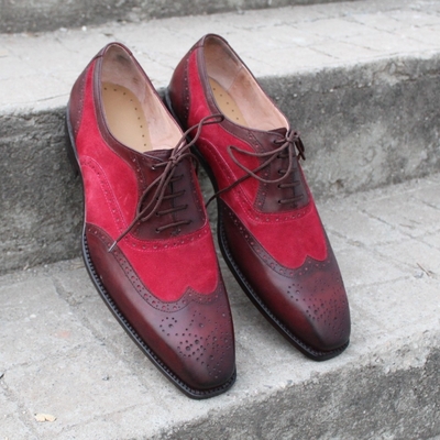 Crafted leather brown and red suede contrast wingtip dress oxford shoes - Thumbnail 4