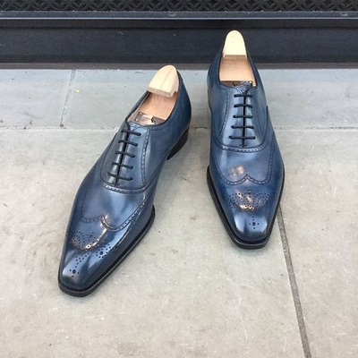 Handmade best wingtip blue leather oxfords dress custom made formal shoes