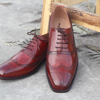 Men's Brown Shoes, Men's Leather Wing Tip Formal Shoes - Thumbnail 1