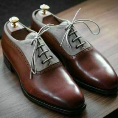 New-handmade mens two tone suede & leather dress shoes mens brown & gray classic