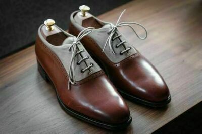 NEW-Handmade Mens Two Tone Suede & Leather Dress shoes Mens Brown & Gray Classic