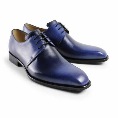 Men Blue Handmade Plain Rounded Toe Black Sole Leather Formal Dress Laceup Shoes