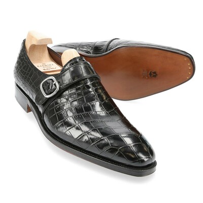 New handmade men's black alligator plain toe single monk-strap shoes