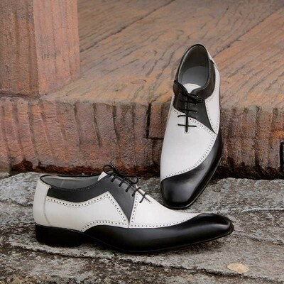 Rounded Toe White Black Men Premium Leather Fashion Classic Vintage LaceUp Shoes