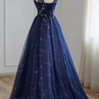 A Line Navy blue Tulle Beaded V Neckline Party Dress, Navy Blue Shiny Tulle Prom Dress KPP1663 - Thumbnail 1