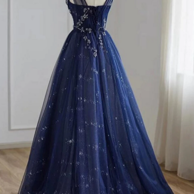 A line navy blue tulle beaded v neckline party dress, navy blue shiny tulle prom dress kpp1663