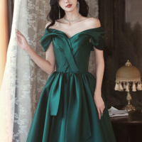 Green Satin Off Shoulder Long Party Dress, Green A Line Chic Prom Dress KPP1664 - Thumbnail 1