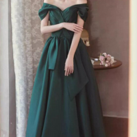 Green Satin Off Shoulder Long Party Dress, Green A Line Chic Prom Dress KPP1664 - Thumbnail 3