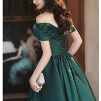 Green Satin Off Shoulder Long Party Dress, Green A Line Chic Prom Dress KPP1664 - Thumbnail 4
