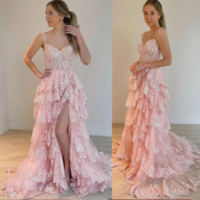Pink prom dresses straps  7-storey lace - Thumbnail 1