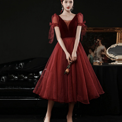 Burgundy v-neck velvet and tulle tea length prom dress - Thumbnail 2