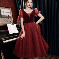 Burgundy V-Neck Velvet and Tulle Tea Length Prom Dress - Thumbnail 1
