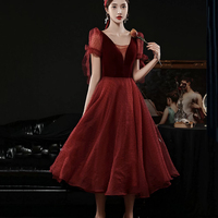 Burgundy V-Neck Velvet and Tulle Tea Length Prom Dress - Thumbnail 2