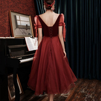 Burgundy V-Neck Velvet and Tulle Tea Length Prom Dress - Thumbnail 3
