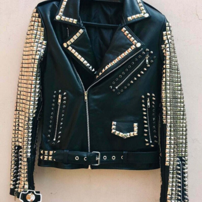 Crafted leather new men's black full silver star golden studded brando belted cow biker leather jacket