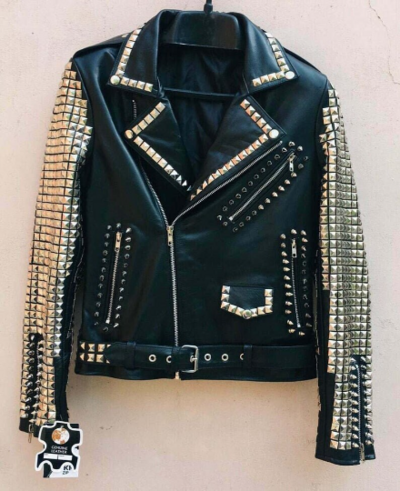 Crafted Leather New Men's Black Full Silver Star Golden Studded Brando Belted Cow Biker Leather Jacket