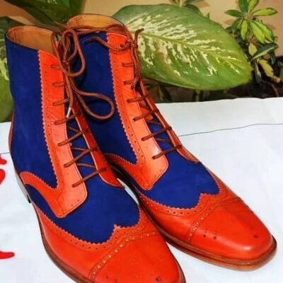 Crafted leather handmade brown blue leather ankle high dress fashion wing tip lace up formal boot - Thumbnail 4