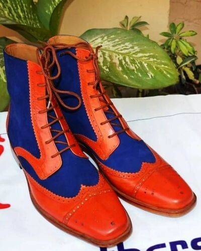 Crafted Leather Handmade Brown Blue Leather Ankle High Dress Fashion Wing Tip Lace up Formal Boot
