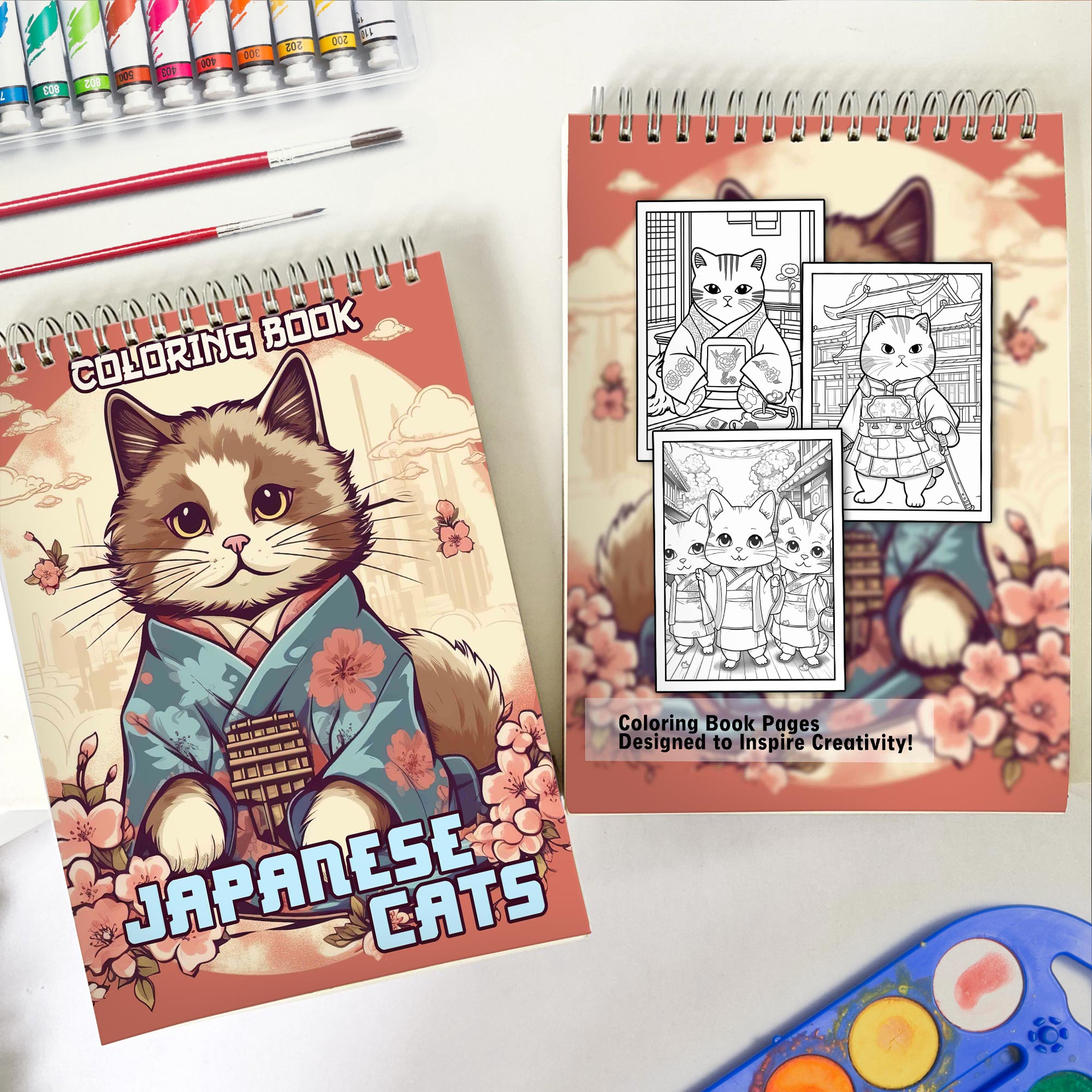 Japanese Cats Spiral Bound Coloring Book, Unleash Your Creativity with