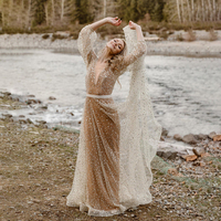 Luxury Beading Tulle A Line V Neck Wedding Dress Custom Made Backless Maxi Beach Sequined Long Puff Sleeves Shimmer Bridal Gown，1687 - Thumbnail 1