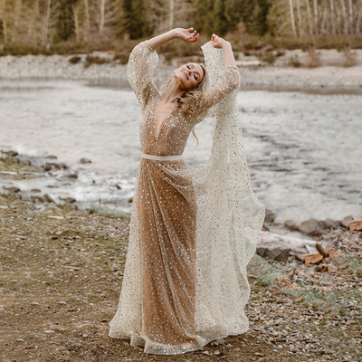 Luxury beading tulle a line v neck wedding dress custom made backless maxi beach sequined long puff sleeves shimmer bridal gown，1687 - Thumbnail 1