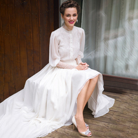 Victorian Silk Chiffon Wedding Dress Vintage Frence Lace A Line Customize High Neck Photography Long Lantern Sleeves Bridal Gown，1686 - Thumbnail 1