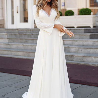 White simple wedding dress long sleeve 2023 boho bridal gown v-neck long bride dresses plus size vintage bohemian appliqued back,1688 - Thumbnail 2