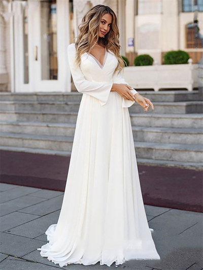 White Simple Wedding Dress Long Sleeve 2023 Boho Bridal Gown V-Neck Long Bride Dresses Plus Size Vintage Bohemian Appliqued Back,1688