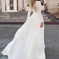White Simple Wedding Dress Long Sleeve 2023 Boho Bridal Gown V-Neck Long Bride Dresses Plus Size Vintage Bohemian Appliqued Back,1688 - Thumbnail 1